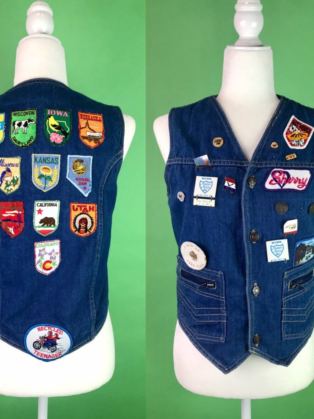 Vintage 70s 80s Denim Biker Vest with Motorcycle Pins and Patches Size XS/S